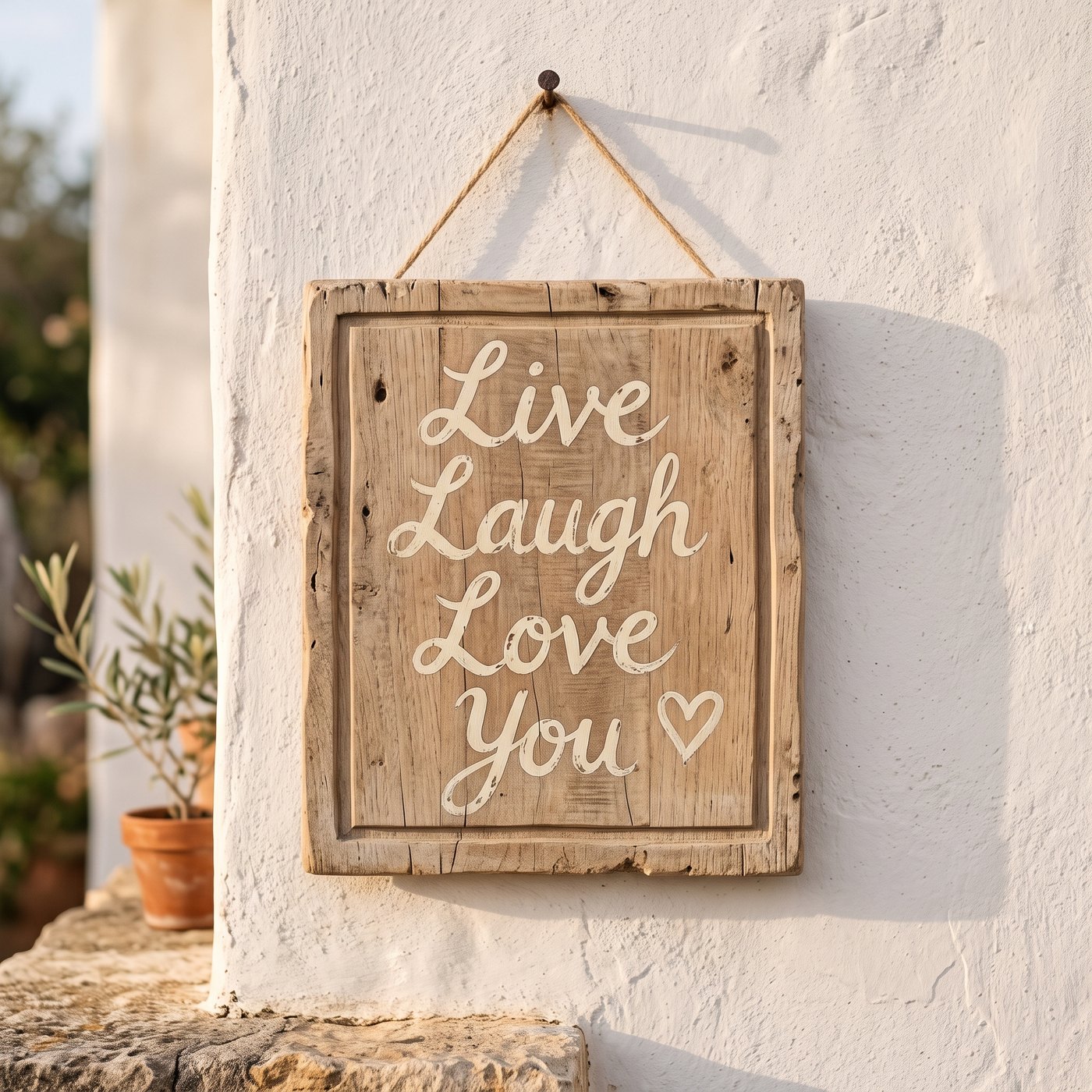 A rustic wooden sign on a whitewashed Mediterranean wall reading Live Laugh Love You with a heart
